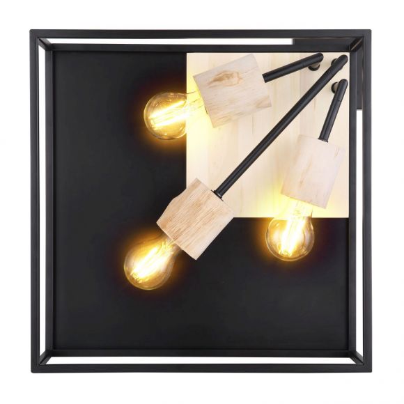 eckige E27 Deckenleuchte aus Holz matt quadratisch Metallrahmen mit Holzdekor 3-flammige Deckenlampe schwarz und natur